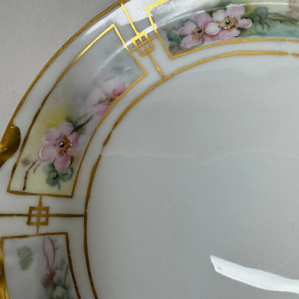 Vintage Bavaria Hand‎ Painted Porcelain Plate Pink Floral Gold Trim Handles